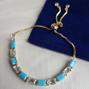 Swarovski Elements Gold Plated Turquoise Blue & Clear Slider Bracelet NEW